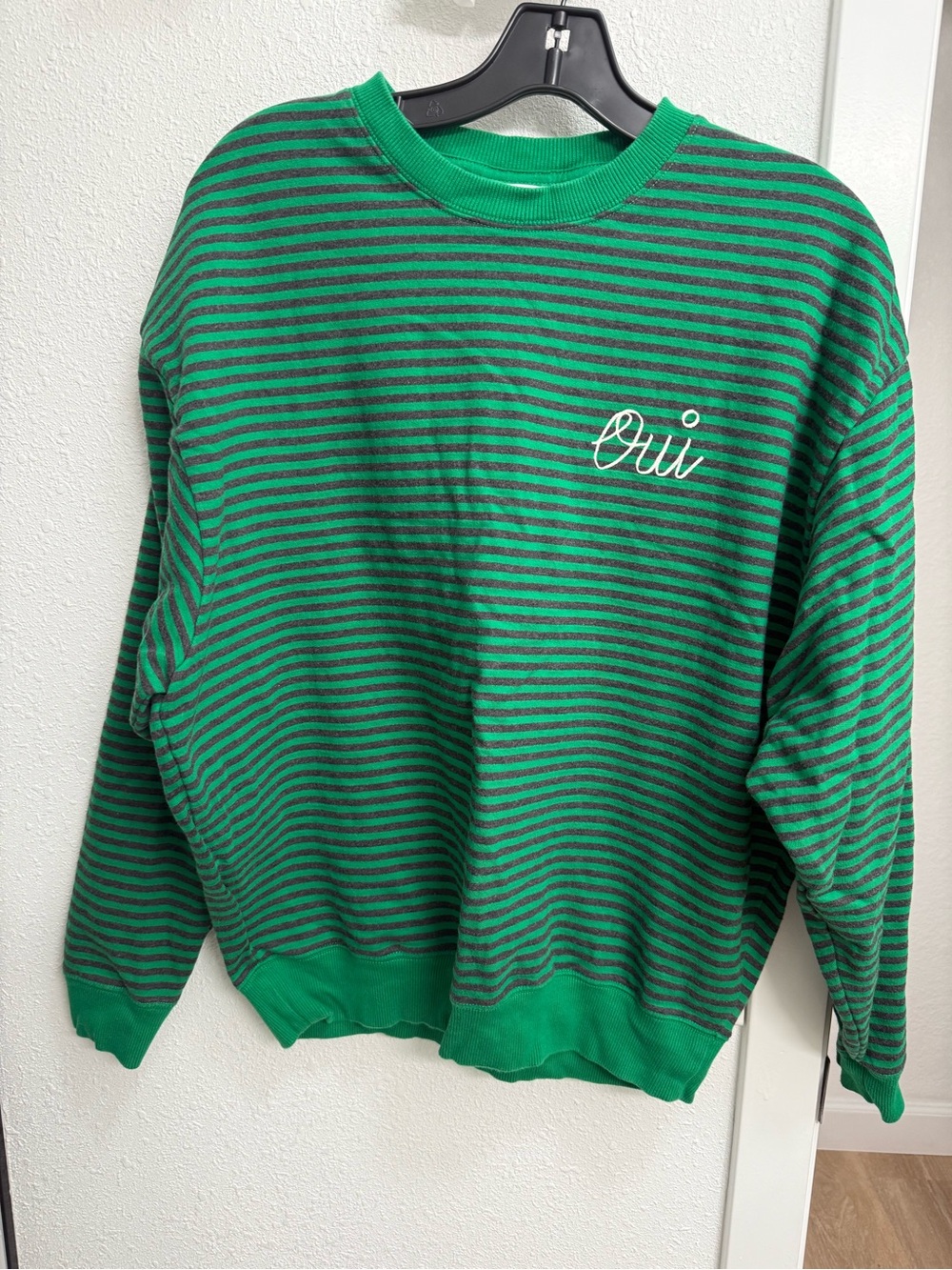 Clare V. Green Striped 'Oui' Crewneck Sweatshirt
